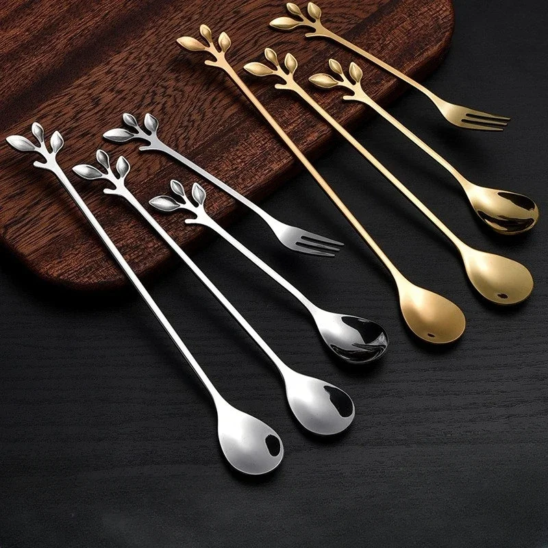 Leaves Coffee Spoons Creative Stainless Steel Dessert Ice Cream Scoop Coffee Tea Stirring Spoon Gold Silver Tableware