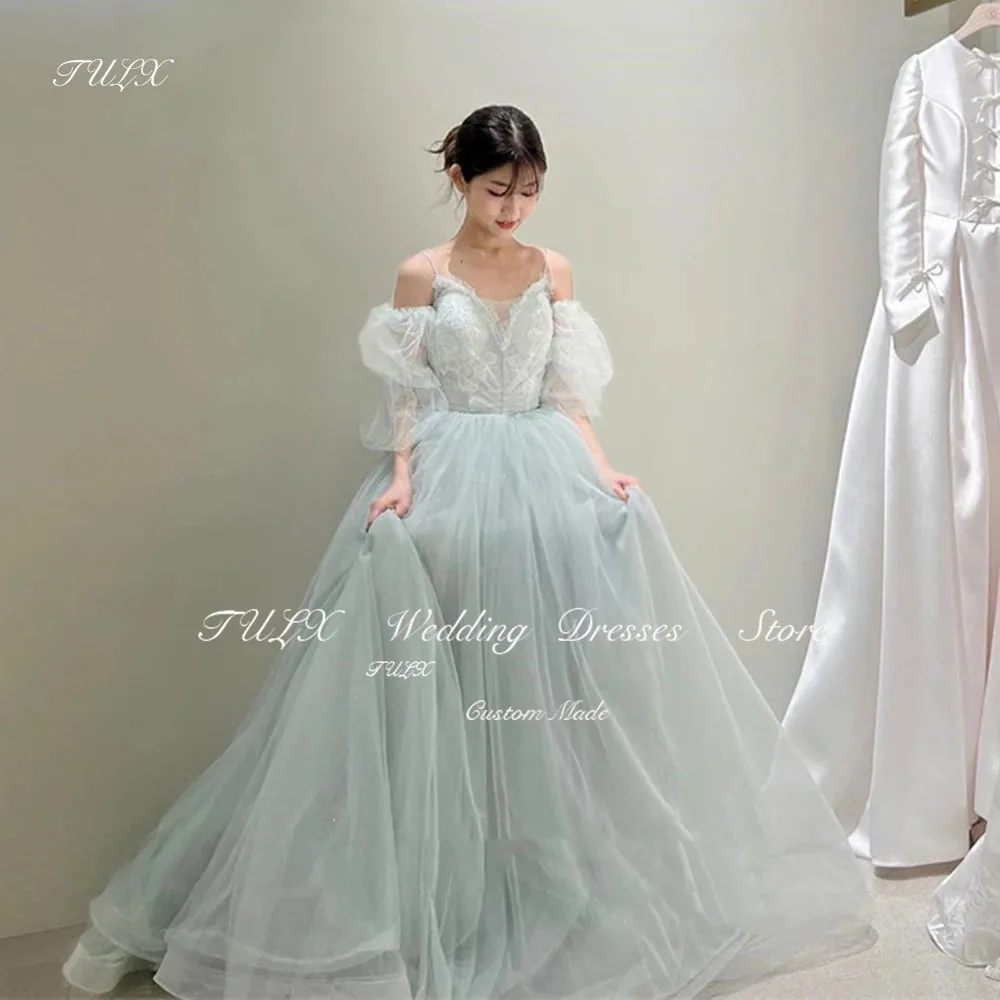 

TULX Elegant Mint Green V Neck Prom Dresses Korea Lady Spaghetti Straps Evening Gown Outdoor Photo Shoot Wedding Party Gown 2025