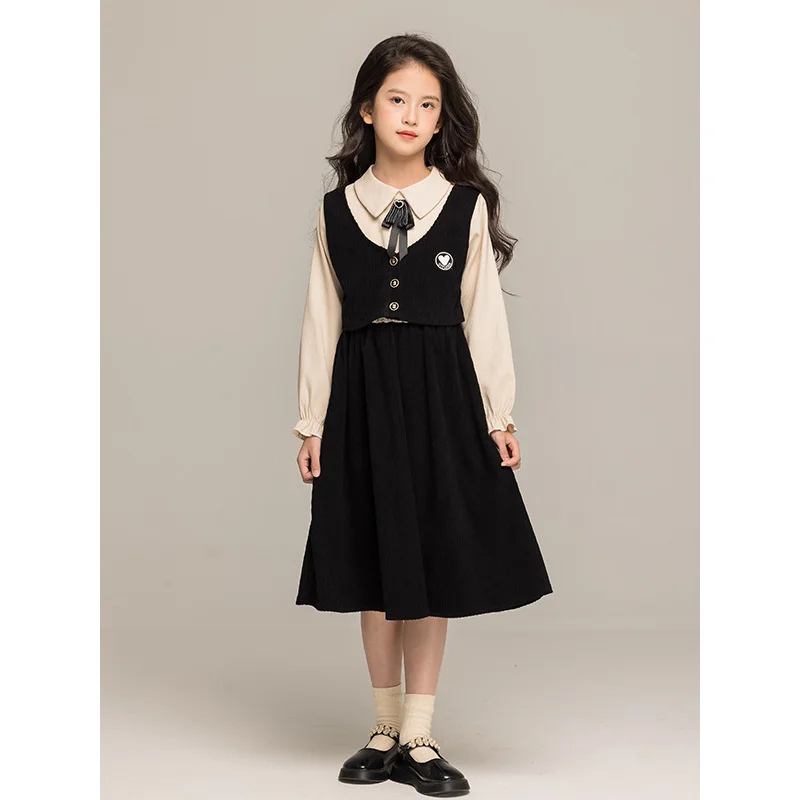 

Girls' Long Sleeve Dress Fake Two-Piece Stylish Princess Dress2025Spring Girls' College Style Slim Skirt