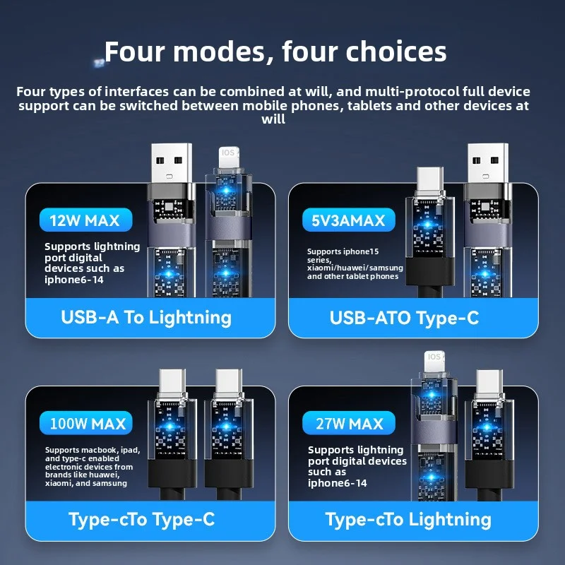 ANSEIP 4-in-1 كابل شحن سريع ماكس 240 واط متعدد الوظائف USB شحن آيفون 17 16 سامسونج شاومي هواوي PD كابل بيانات