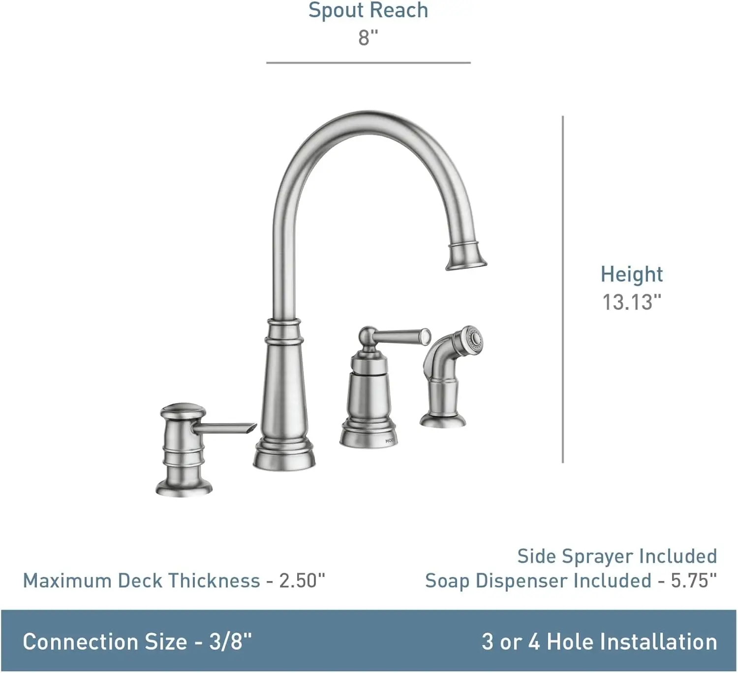 Spot Resist Stainless One-Handle High Arc 4-hole Kitchen Faucet with Side Sprayer and Soap Dispenser, 87042SRS