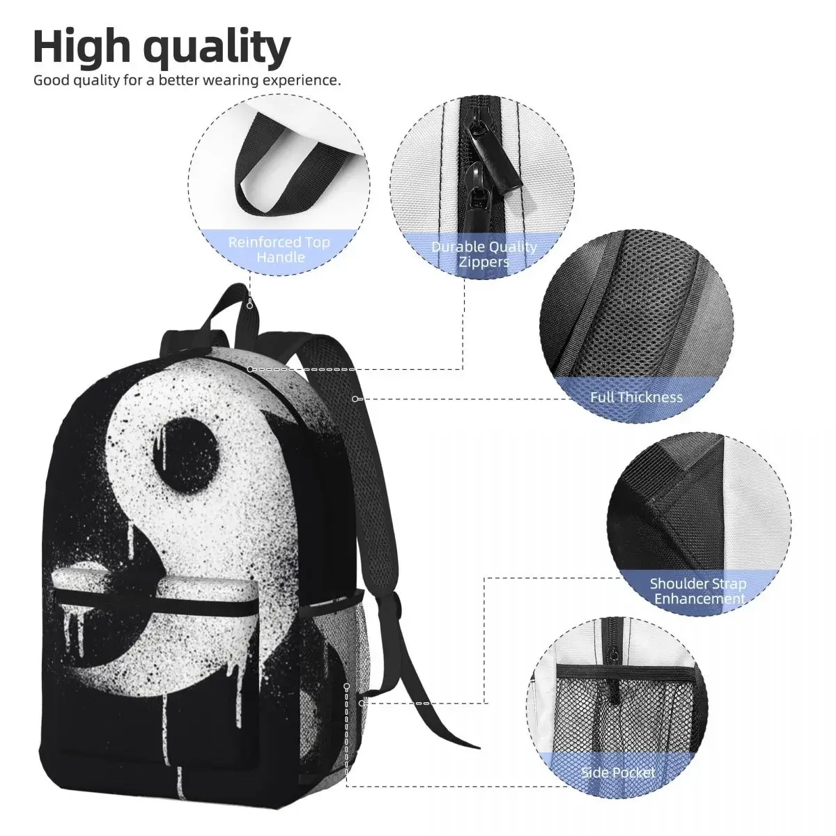 Chinese Yin Yang Graffiti Print Backpack Daypack Large Capacity Children BookBag School Bag Shoulder Bags for Men Women