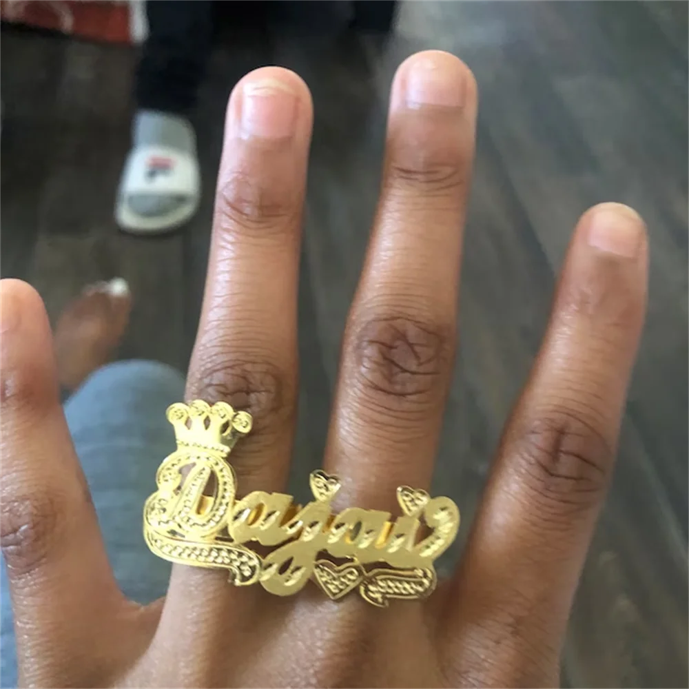 Custom Name Ring Double Finger Ring with Crown Gold Personality Hip Hop Ring Men Women Fashion Punk Letter Ring Gift