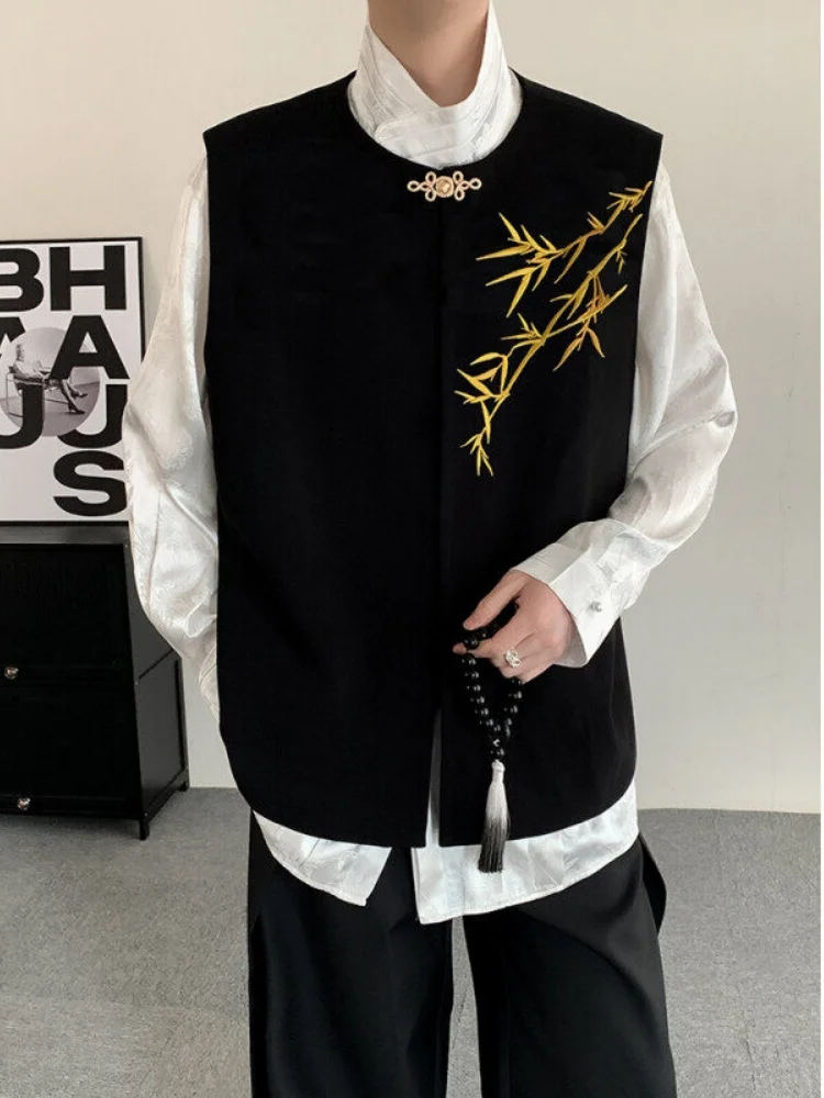 

Ele Embroidered Bamboo Stand Collar Men's Vest Special Design Vintage Chinese Sle Trendy Faionable Summer Casual Wear