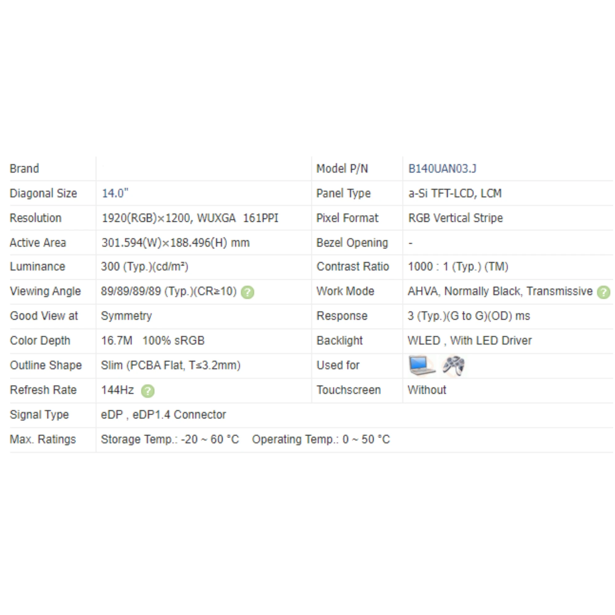 

B140UAN03.J IPS 14.0 inch 1920x1200 LCD Display Panel EDP Laptop Matrix LED Screen Replacement
