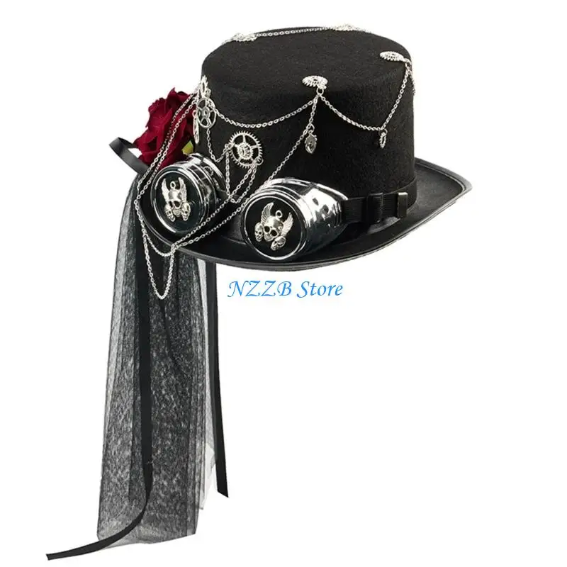 

T21F Victorian Steampunk Headwear With Ornamental Chain And Mesh Fabric Halloween Costume Accessories For Theme Parties
