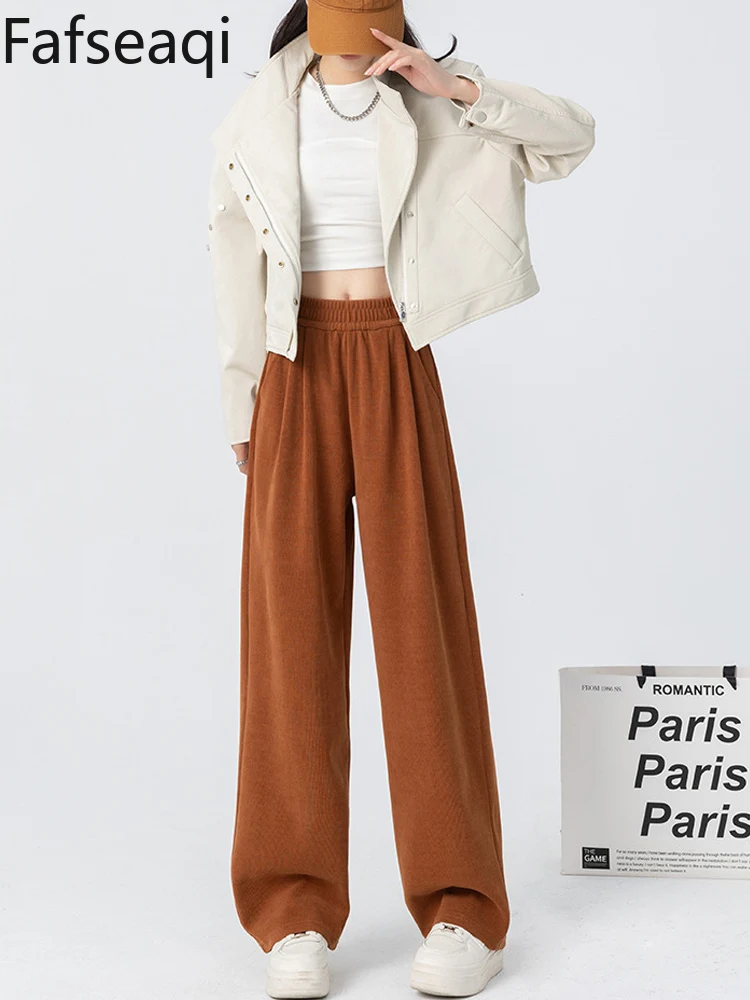 Pantalon droit marron à jambes larges pour femme, long fjfor, pantalon de survêtement taille haute avec sourire, pantalon chaud en velours, automne 2024