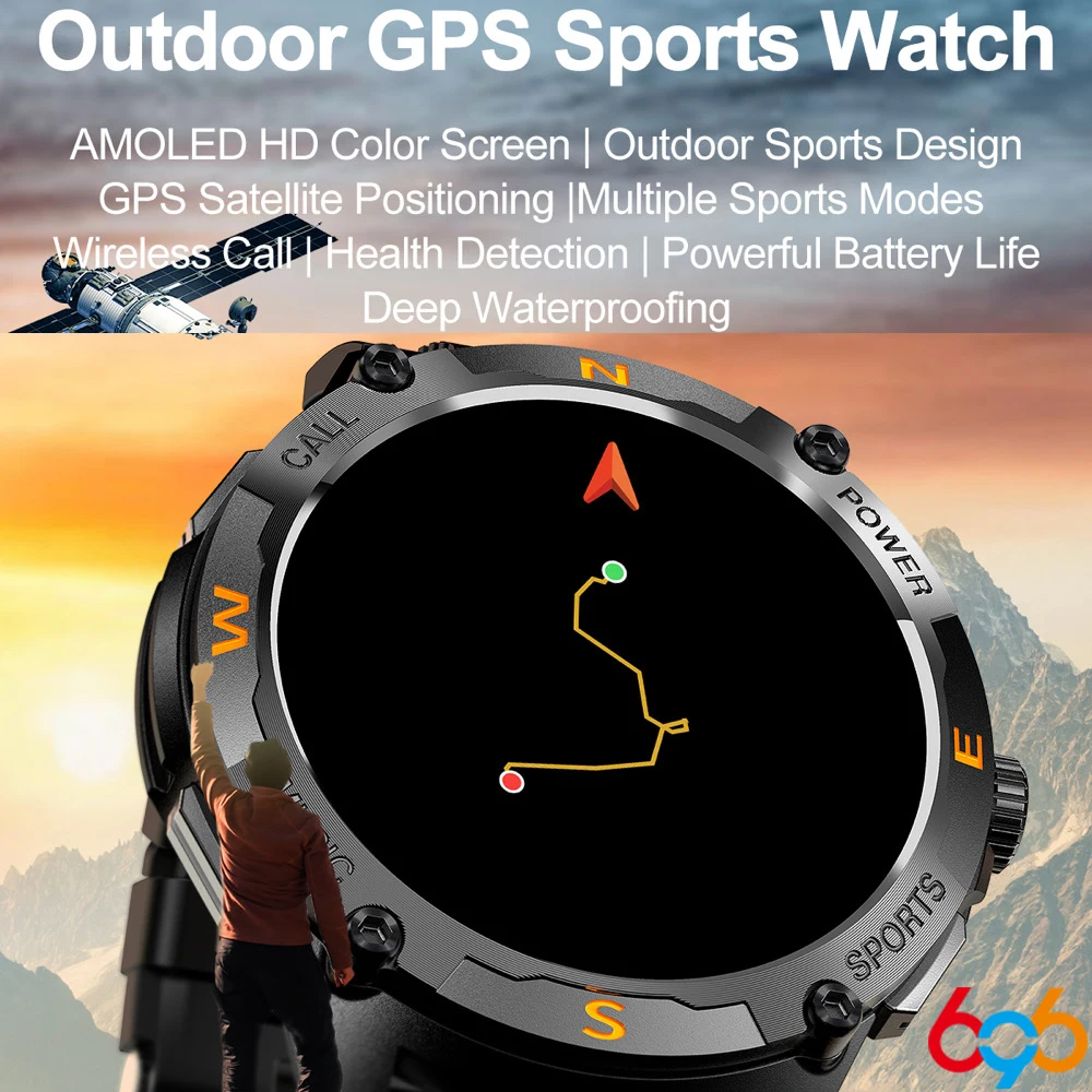 

Спортивные умные часы с GPS на открытом воздухе, мужские AMOLED-экраны, умные часы с синим зубом, глубокие водонепроницаемые часы для сна, обнаружение сердечного ритма и здоровья