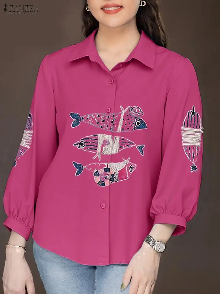 Zanzea mulheres camisas de impressão de peixe lapela 3/4 manga casual solto blusas femininas blusa vintage 2026 moda elegante senhora do escritório blusa