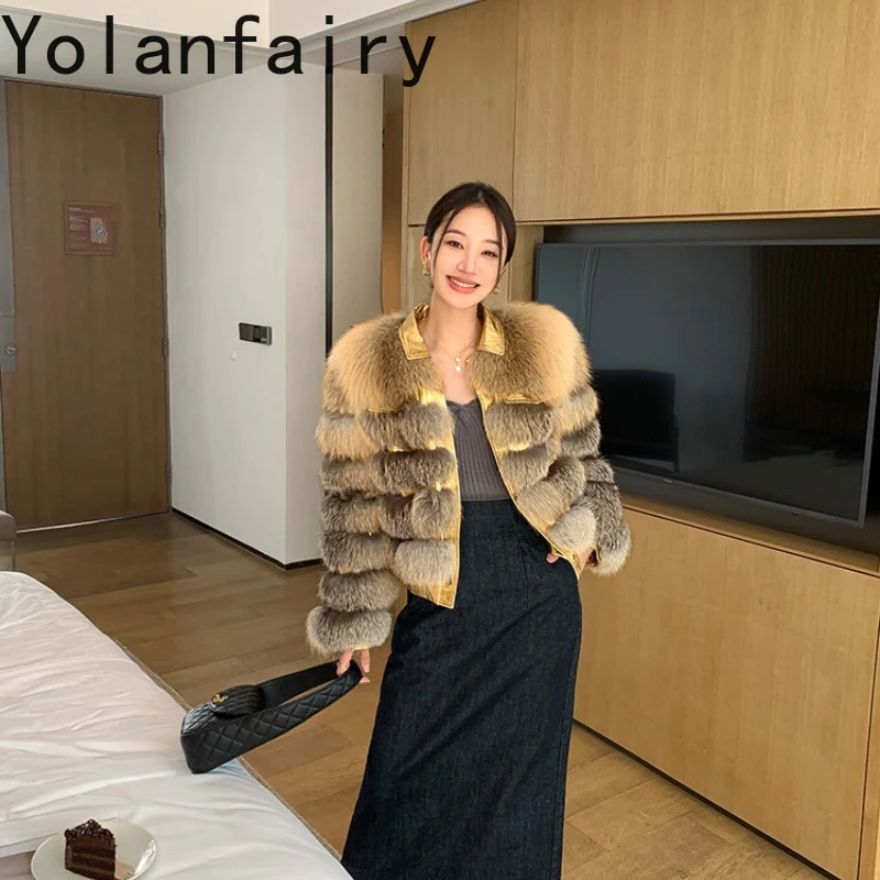 YOLANFAIRY winter Golden Island Fox fur whole fur coat Square-neck long-sleeved commuter style short real fur шуба женская 2025