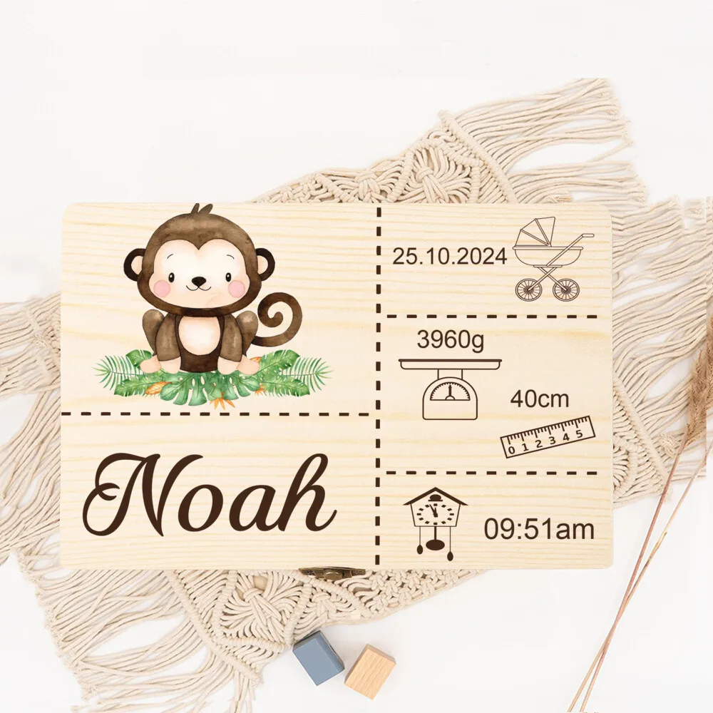 Personalised Safari Animal Baby Memory Box Custom Wooden Boxes Newborn Shower Gift Baby Birth Stats Keepsake Box Umbilical Boxes