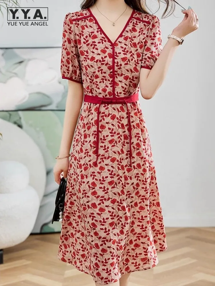 Elegante Zijden Damesjurk Hoge Taille Vintage Bloemenprint Lange Jurken Dames Zomer Korte Mouw V-Hals Mode Jurk