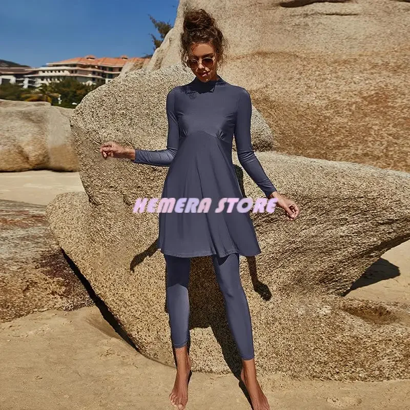 Muslim swimwear women solid color full sleeve side slit swimsuit 2PCs Islamic burkinis female bathing suit two piece sets 2023 m