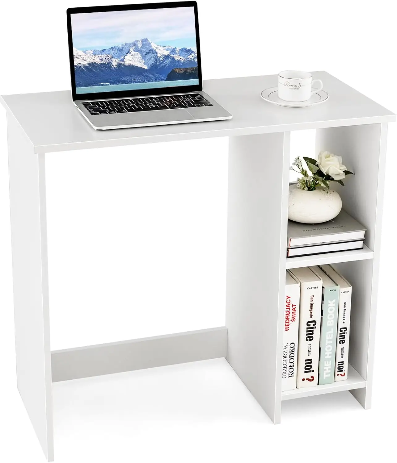 Compact White Desk 2 Tier Shelves Modern Simple Style Study Writing Desk, PC Desk, Kid's Desk - Small Space Solution