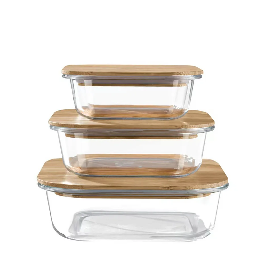 2026 Bamboo Lid High Borosilicate Glass Lunch Box High Temperature Resistant Rectangular Sealed Fresh-Keeping