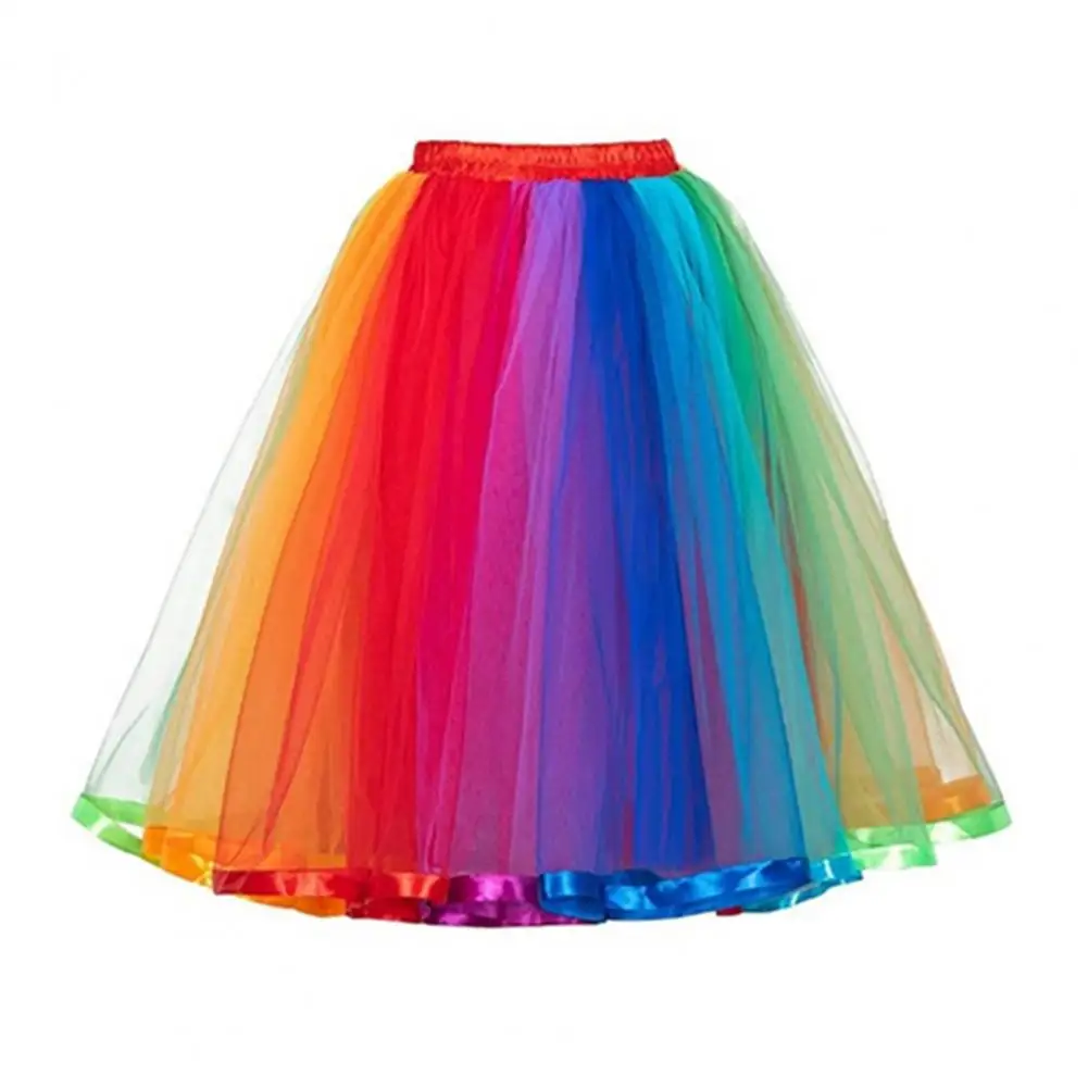 Elasticated Waist Skirt Colorful Rainbow Dance Skirt High-waisted Midi with Elastic Waistband Sweet Style Mid-calf for Women