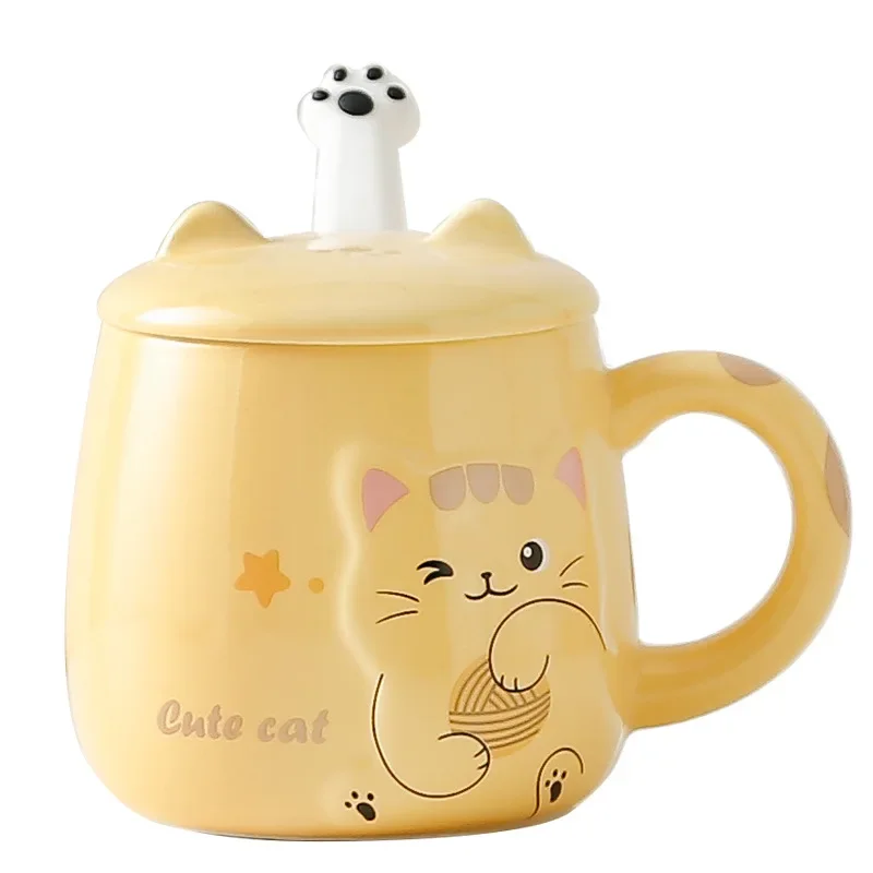 Cartoon Cat New Ceramic Mug With Lid And Spoon Office Water Cup Cute Ceramic Cup Student Cup Breakfast