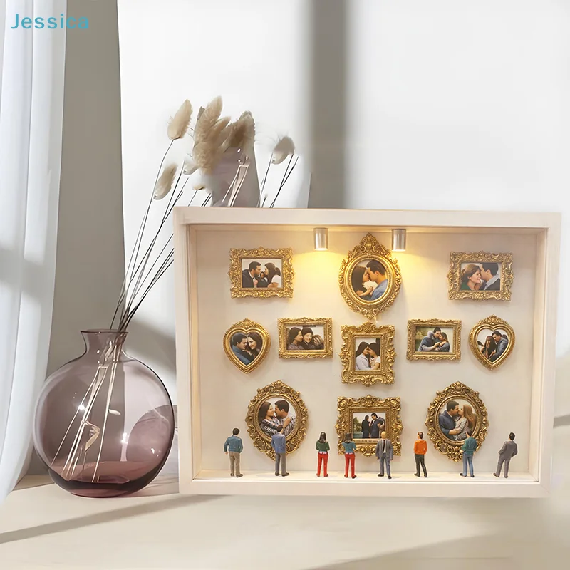 ♥Vintage Gold Frame Shadow Box – 3D Display Case with LED Lights & Mini People for Memory Display