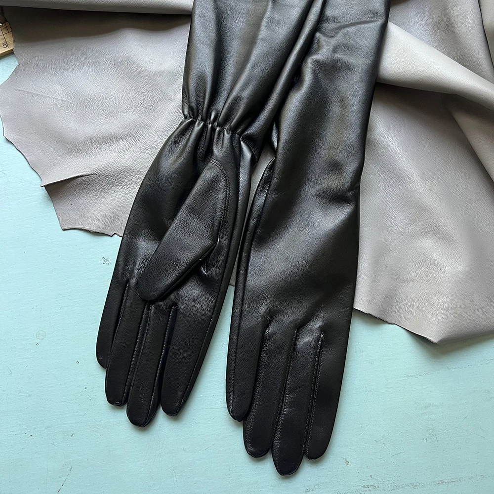 Unlined Long Sheepskin Glove Black Touchscreen Wrist Elastic Band Men's Genuine Leather Gloves Ladies' Long Gloves Women's Glove