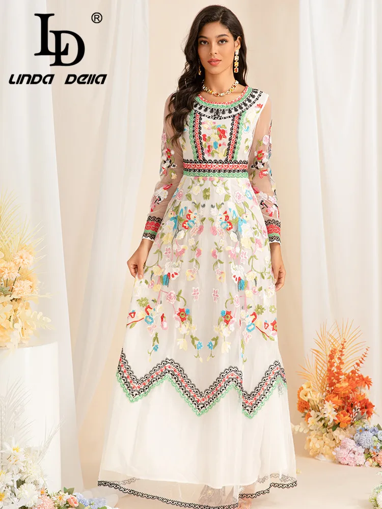 LD LINDA DELLA جودة عالية جديدة أنيقة الأقلية نمط صغير الأزهار التطريز السفر فضفاضة تناسب الملونة السيدات فستان طويل