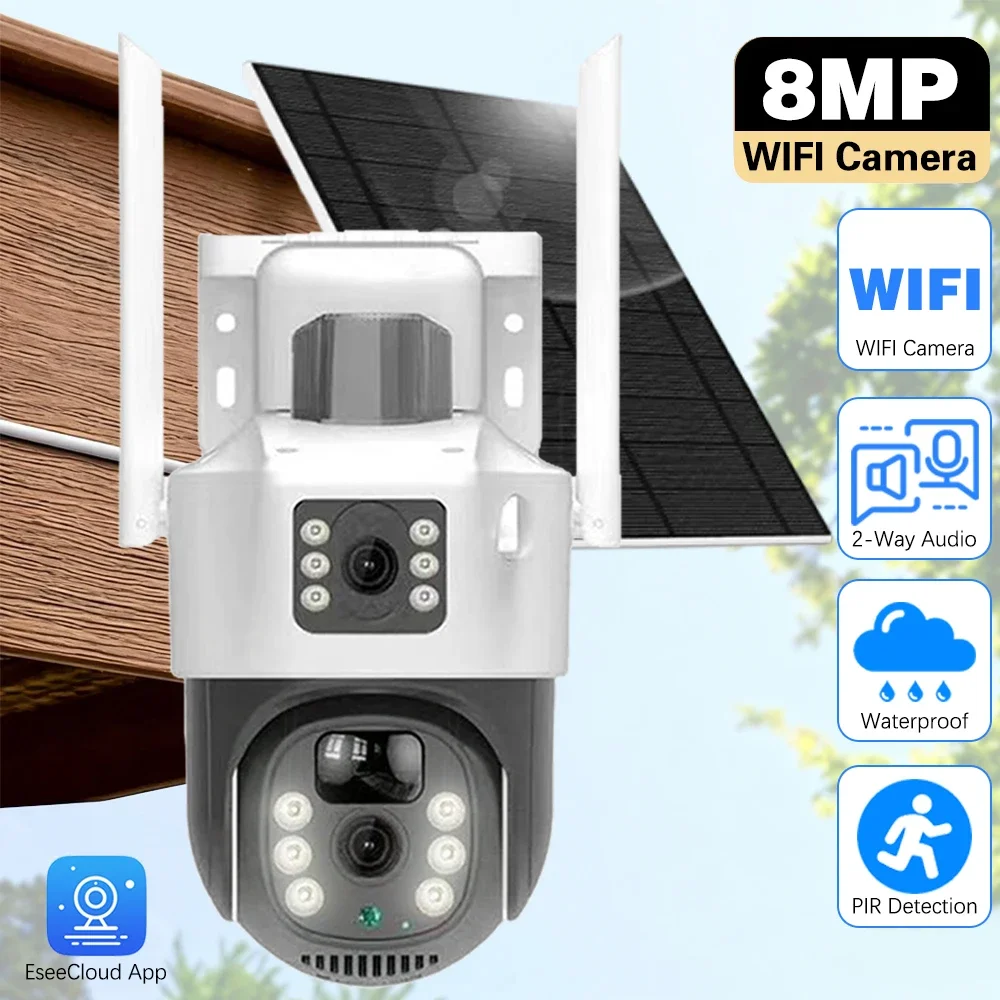 

EseeCloud 4K 8MP 2 Lens 5G&2.4G WiFi Solar PTZ Camera Outdoor PIR Detection Night Vision IP66 Low Power Battery CCTV Security