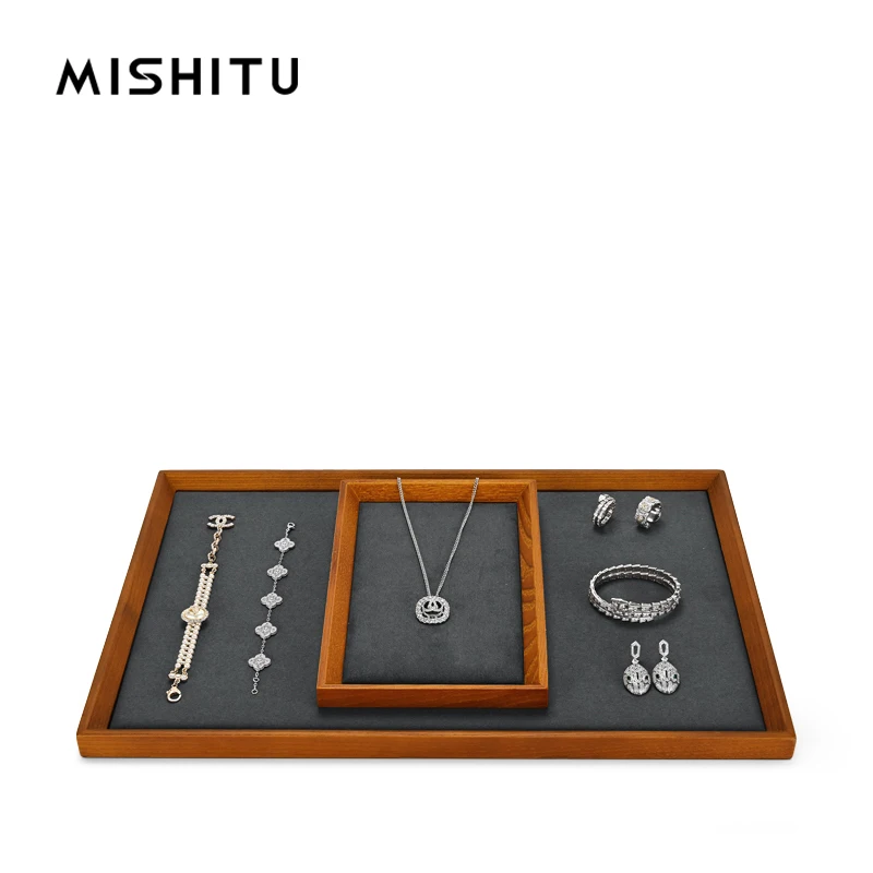 

MISHITU Jewlery Display Tray Solid Wood&Microfiber Pendant Ring Organizer Tray Bracelet Storage Holder Jewelry Display Plate