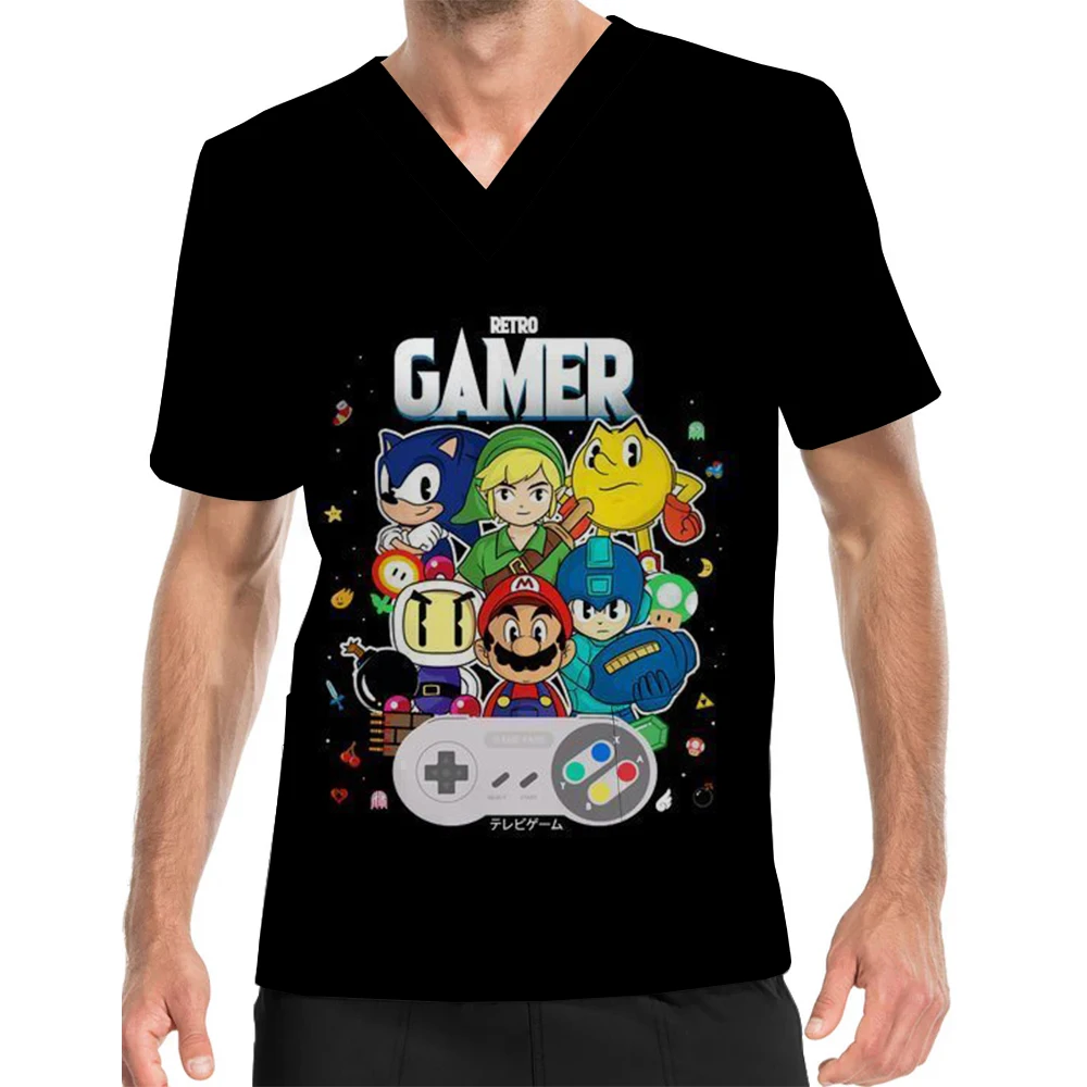 Zomer Nieuwe Cartoon Anime Super Mario Mannen En Vrouwen Werk Uniform V-hals Print Scrub Top Ziekenhuis Verpleegkundige Tandheelkundige t-shirt