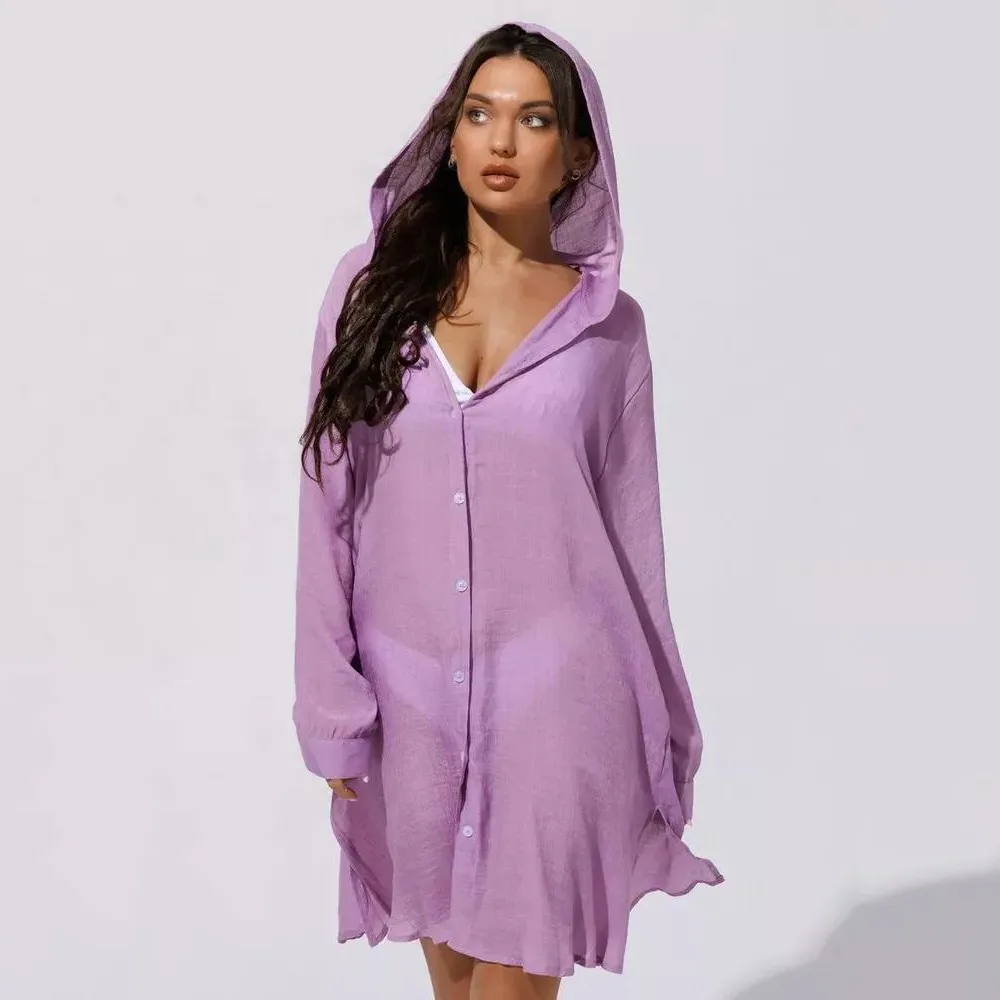 

Summer Long Sleeve Button Down Tunic Dress Solid Color Oversized Beach Bikini Cover-up Blouse Tops Vacation Outfit