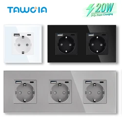 TAWOIA PD Fast Charge USB Type-C Wall Socket EU Standard Sockets Power Double Sockets Glass Triple Power Outlets Wall Mounted