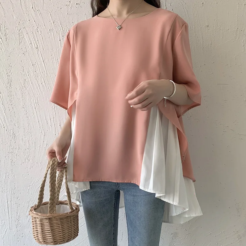 2024 New Lotte Round Neck Five-quarter Sleeves Loose Hem Stitching Pleated Short-sleeved Irregular Chiffon Shirt For Women