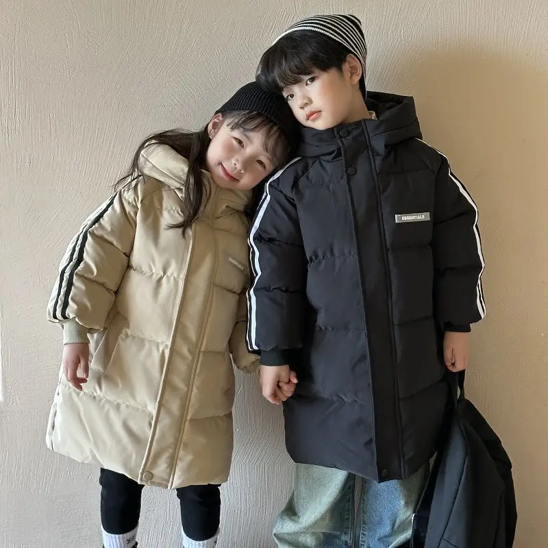 New autumn and winter children's medium to long length cotton clothing, boys', girls', middle-aged and older children's hooded c