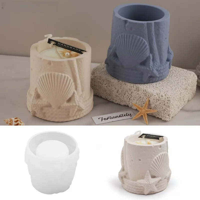 Ocean Series Cylindrical Candle Jar Silicone Mold Diy Embossed Shell Starfish Storage Jar  Concrete Gypsum Mould Home Decor