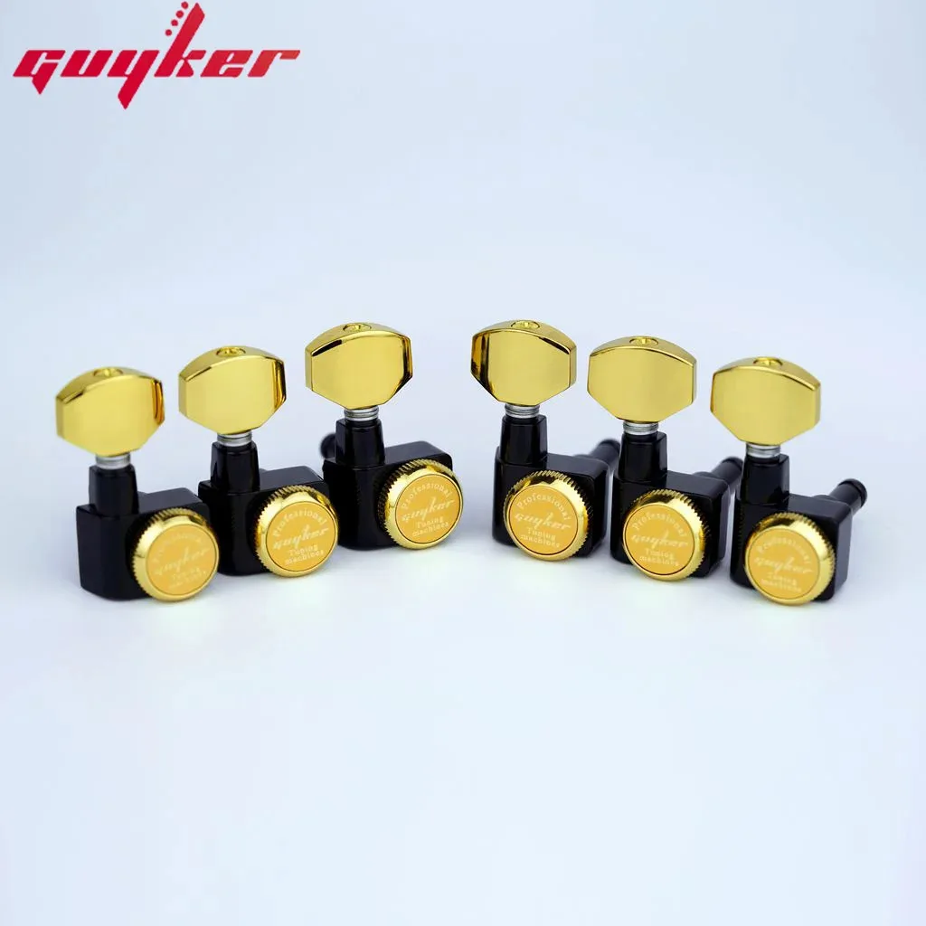 1 Set GUYKER 6 In-line Machine Heads No Screws Locking Tuners Black Gold Guitar Tuning Peg