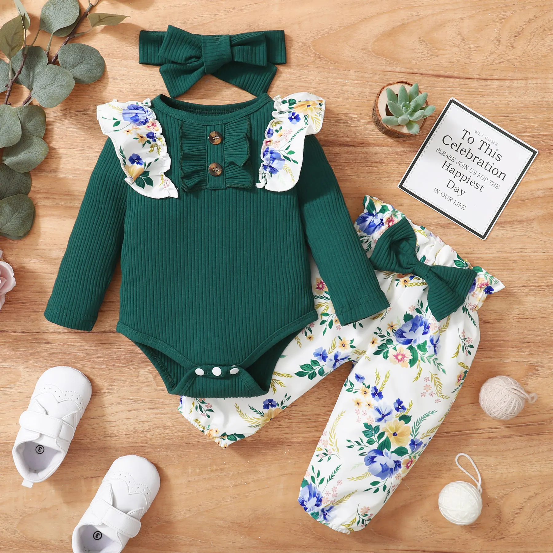 0-2 Year Old Newborn Baby Girls Spring  Autumn Long Sleeved Round Neck  Jumpsuit With Floral Printed Pants Fashion Set