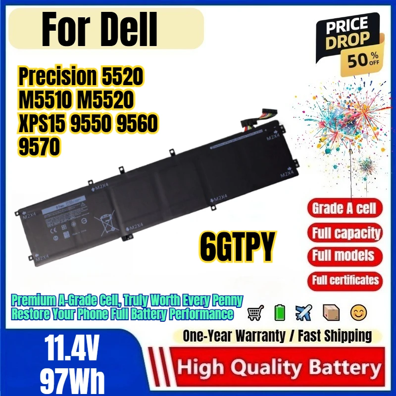 6GTPY for Dell Precision 5520 M5510 M5520 XPS15 9550 9560 9570 Laptop Battery 0 Cycle High Capacity Battery Replacement Bateria