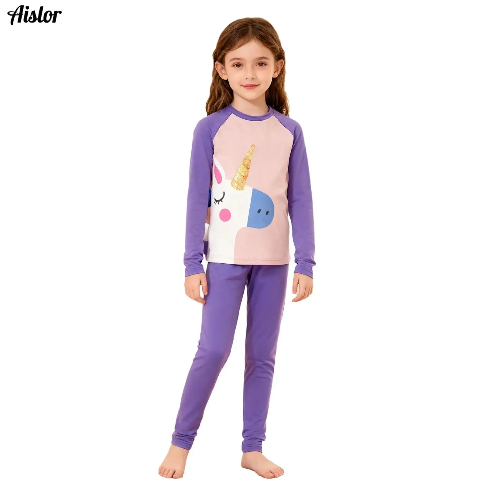 

Kids Girls Thermal Underwear Set Homewear Loungewear Sleepwear Long Sleeve Cute Cartoon Printed Contrast Color Top with Leggings