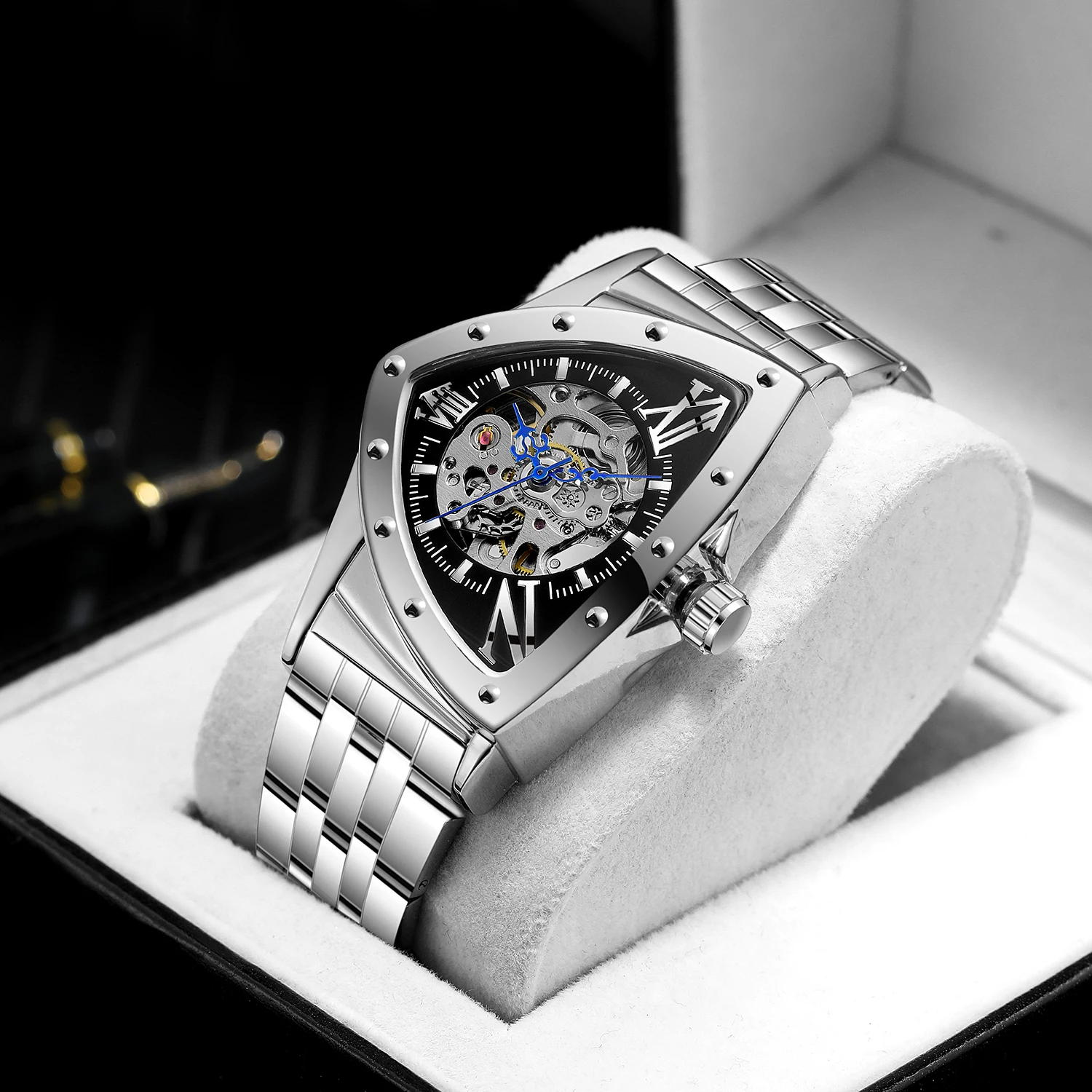Forsining Military Triangle Skeleton Automatic Watch for Men Gold Sports Mechanical Watches Luxury Stainless Steel Strap Luminou