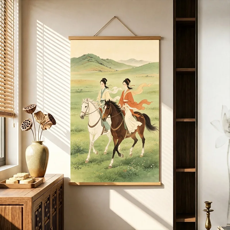 Wall Decorations Classical Courtyard Life and Horseback Journeys, Pearlescent Canvas Hanging Scroll for Boutique Guesthouse