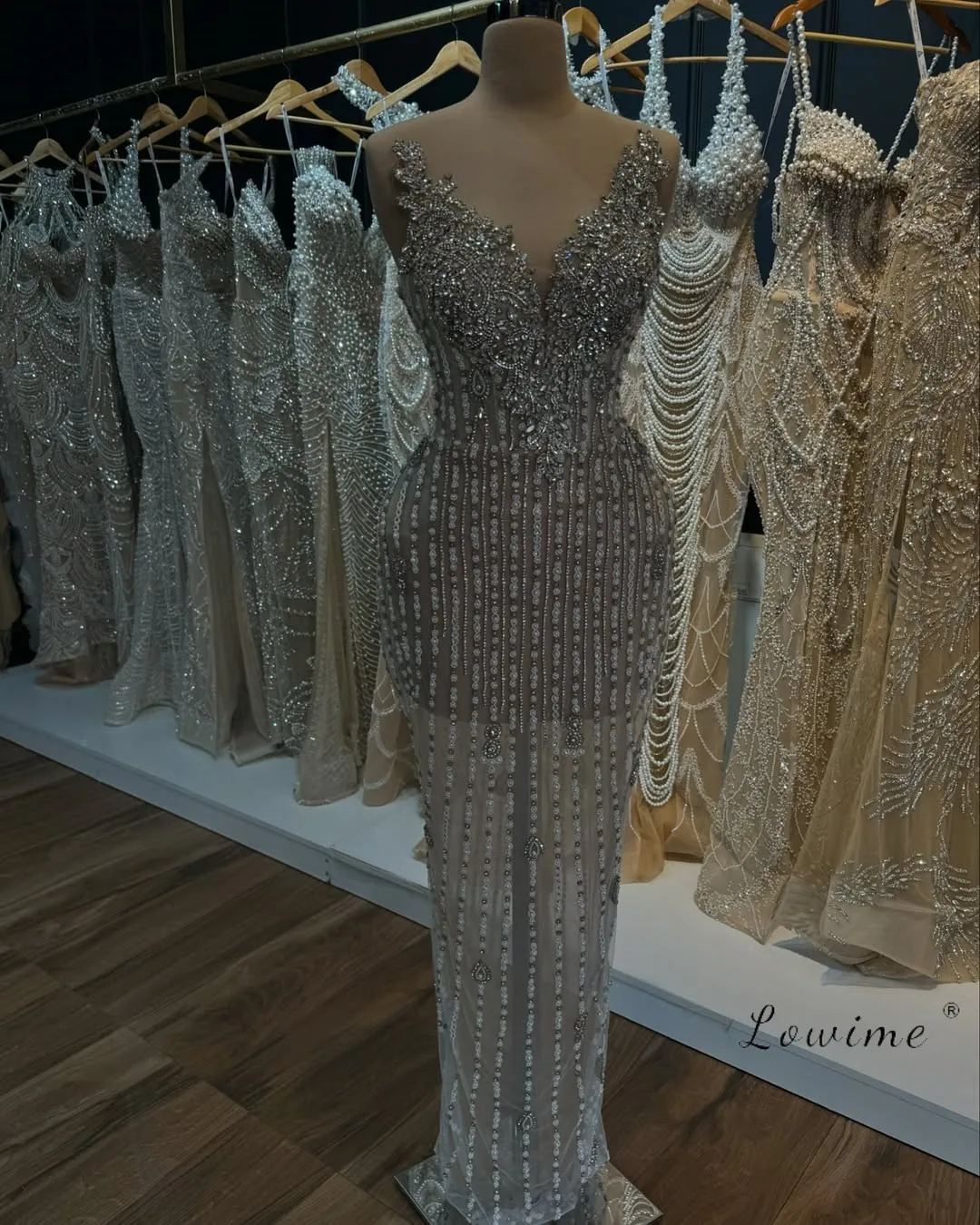 

Women Rhinestone Pearls Mesh Party Evening Dress Sparkly Pearls Silver Rhinestones Sleeveless Dress Prom