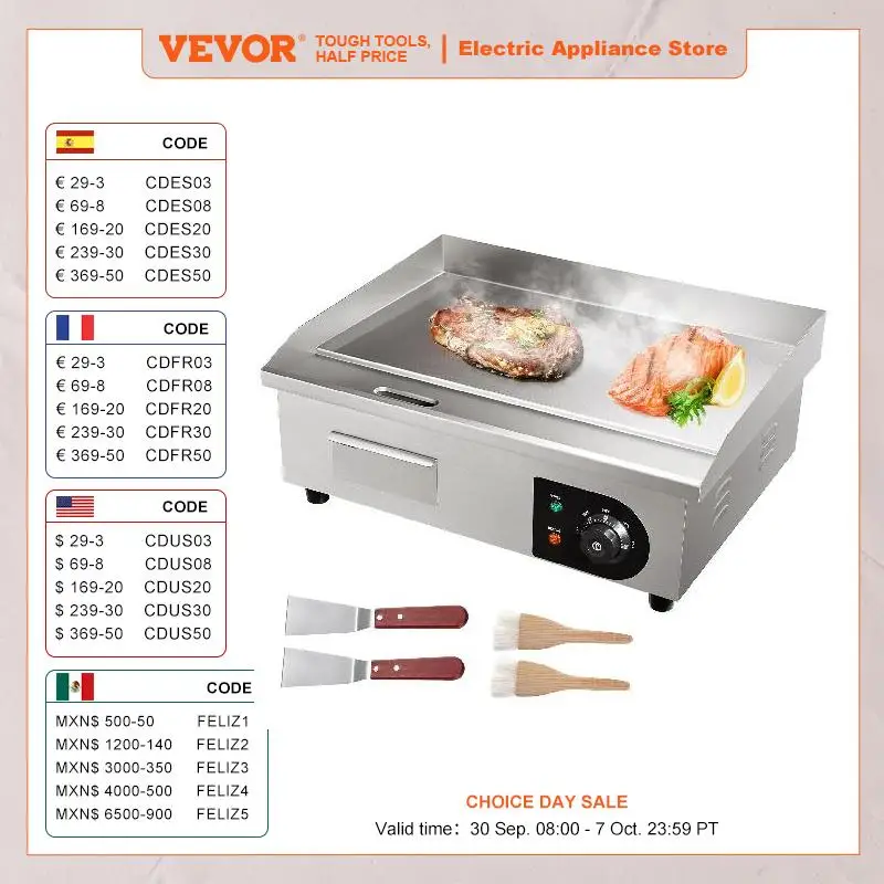 

VEVOR 22In Commercial Electric Grill Flat Pan Stainless Steel Desktop Griddle Hotplate Teppanyaki Grill With Temperature Control