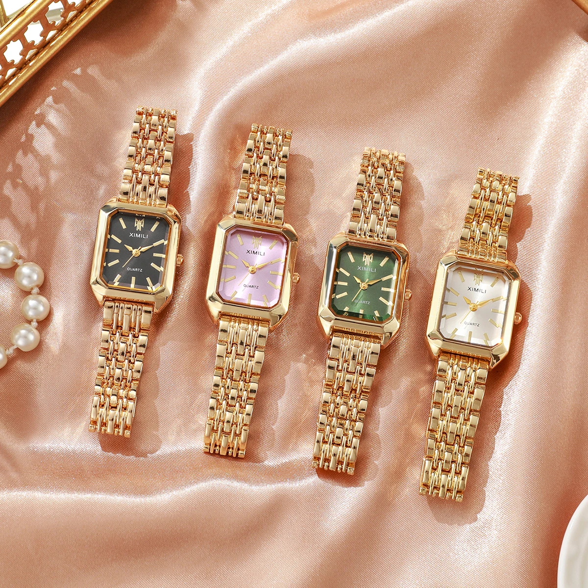 1/2/4 Uds. Reloj de cuarzo rectangular elegante para mujer, relojes de pulsera de lujo con banda de acero inoxidable para mujer, reloj femenino (sin caja)