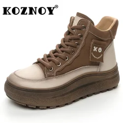 Koznoy 5cm Suede Genuine Leather Ankle Booties Winter Plush Platform Wedge Autumn Boot Women Flats Mixed Color Motorcycle Shoes