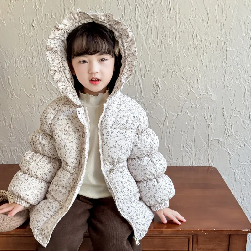 New Korean Style Floral Plush Hooded Jacket, Winter Warm Thickened Cotton Coat for Baby Toddler Girls, Cute Winter Outerwear