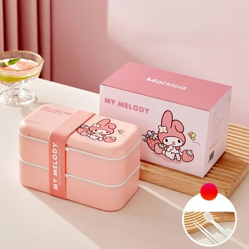 Sanrio Kawaii Hello Kitty Lunch Box Cinnamoroll Cartoon Students Large Capacity Double Decked Lunch Box Microwave Oven Heatable