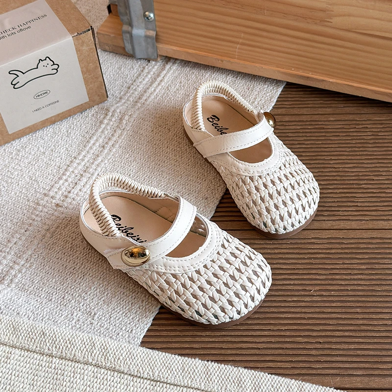 Fashion Children Weave Sandals Shiny Silver Beige Shoes Non-Slip Rubber Sole Outdoor Beach Sandals for Boys Girls