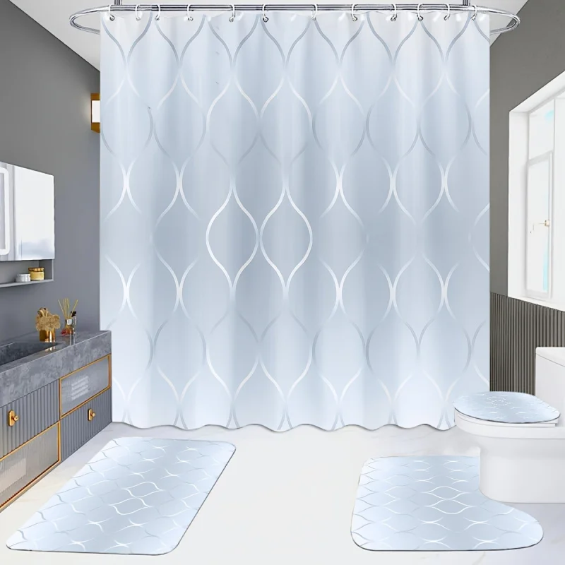Elegant Geometric Gradient Shower Curtain Set with Bath Mat, U-Shaped Pad, and Toilet Lid Cover, Water-Resistant Polyester Bathr