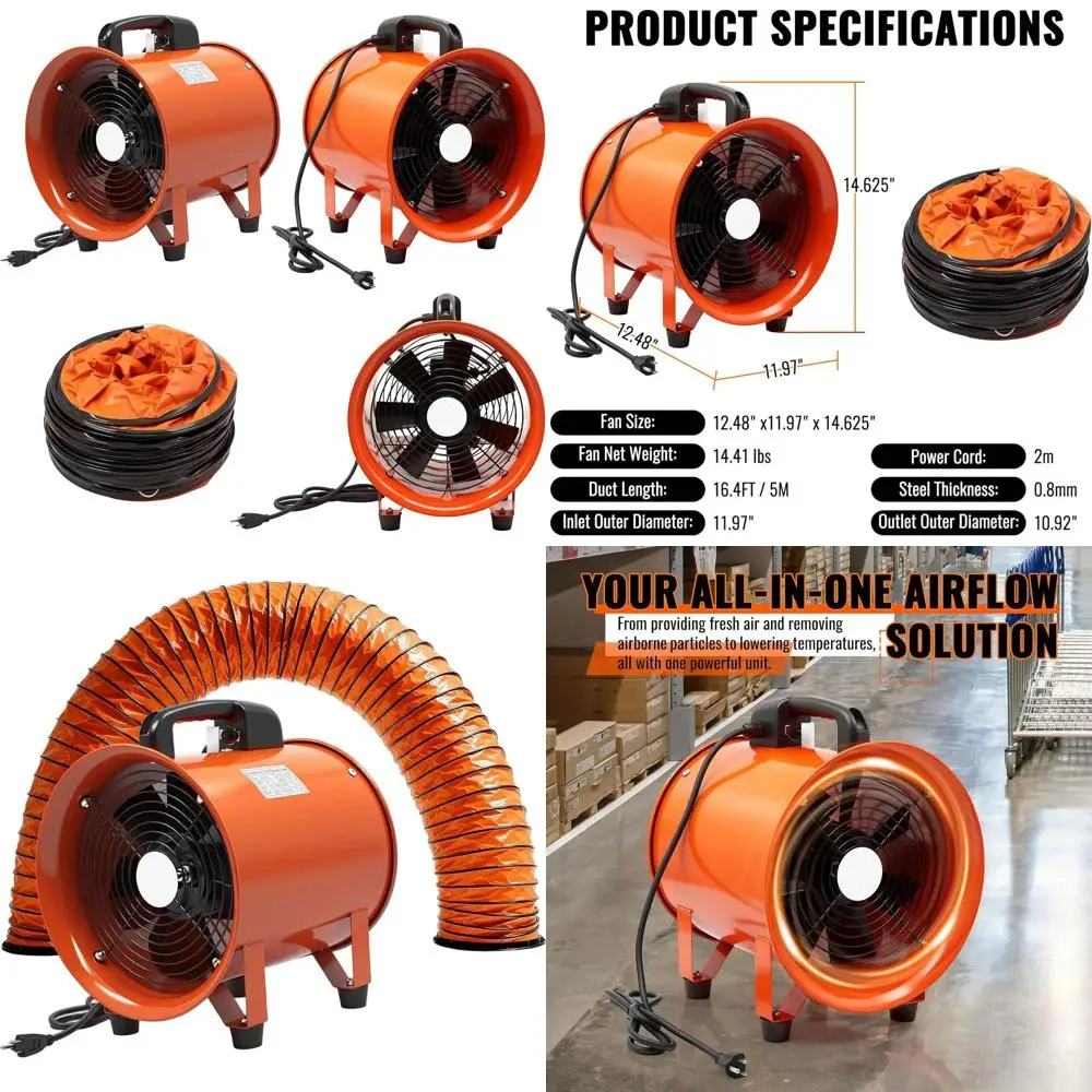 

10-Inch Portable Low-Noise Utility Blower with 16.4ft Flexible Duct Hose for Workshops, Warehouses, and Basements