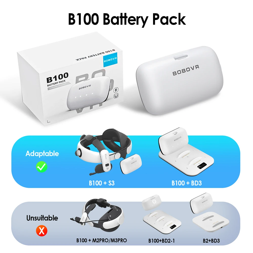 BOBOVR B100 Battery Pack Replacement Battery for BOBOVR S3 Pro 10000mAh Hot-Swap Magnetic Battery Power Compatible Meta Quest 3