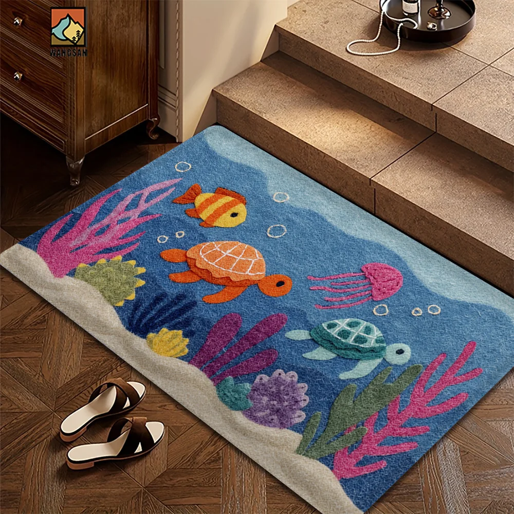 VIKAMA Dark Blue Carpet Underwater World Entrance Door Mat Cute Turtle Pattern 2D Carpet Rug For Bedroom Carpet For Living Room