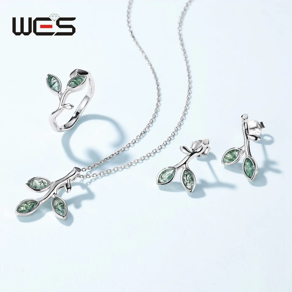 WES 925 Sterling Silver Horse Eye Moss Agate Jewelry Set for Woman Olive Branch Wedding Gifts Fine Jewelry Rhodium Plated